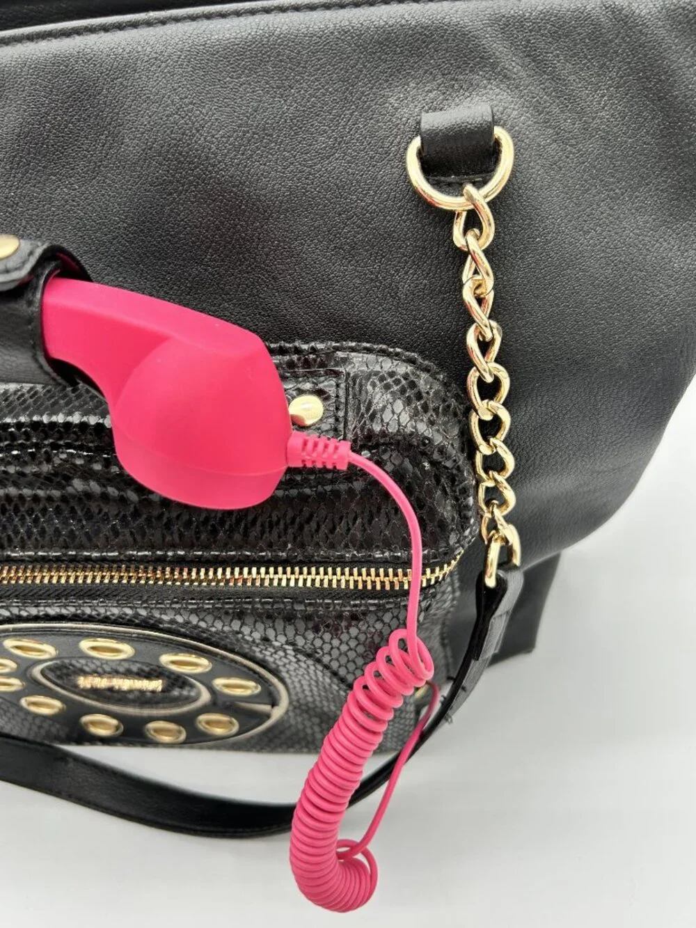 Betsey Johnson Hold Please Telephone Tote Bag - Black Snake Embossed Kitsch